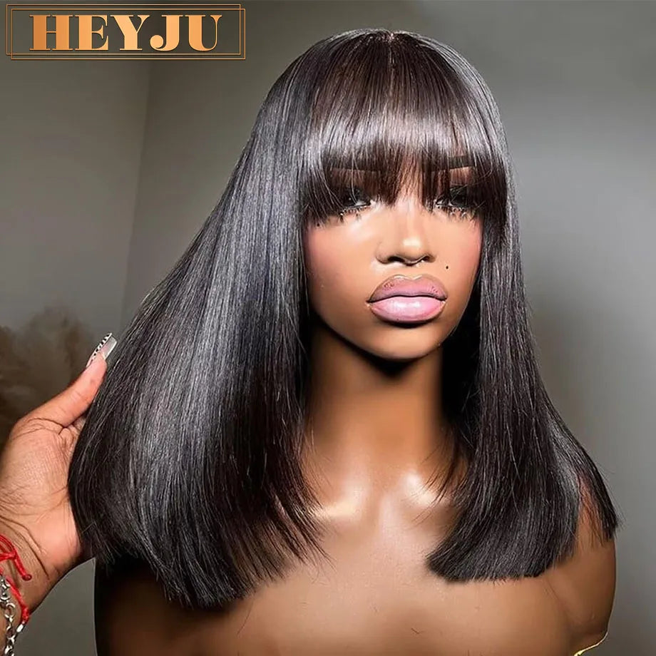 100% Human Hair Short Bob Wig with Bangs 3x1 HD Lace Wig