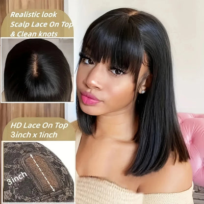 100% Human Hair Short Bob Wig with Bangs 3x1 HD Lace Wig