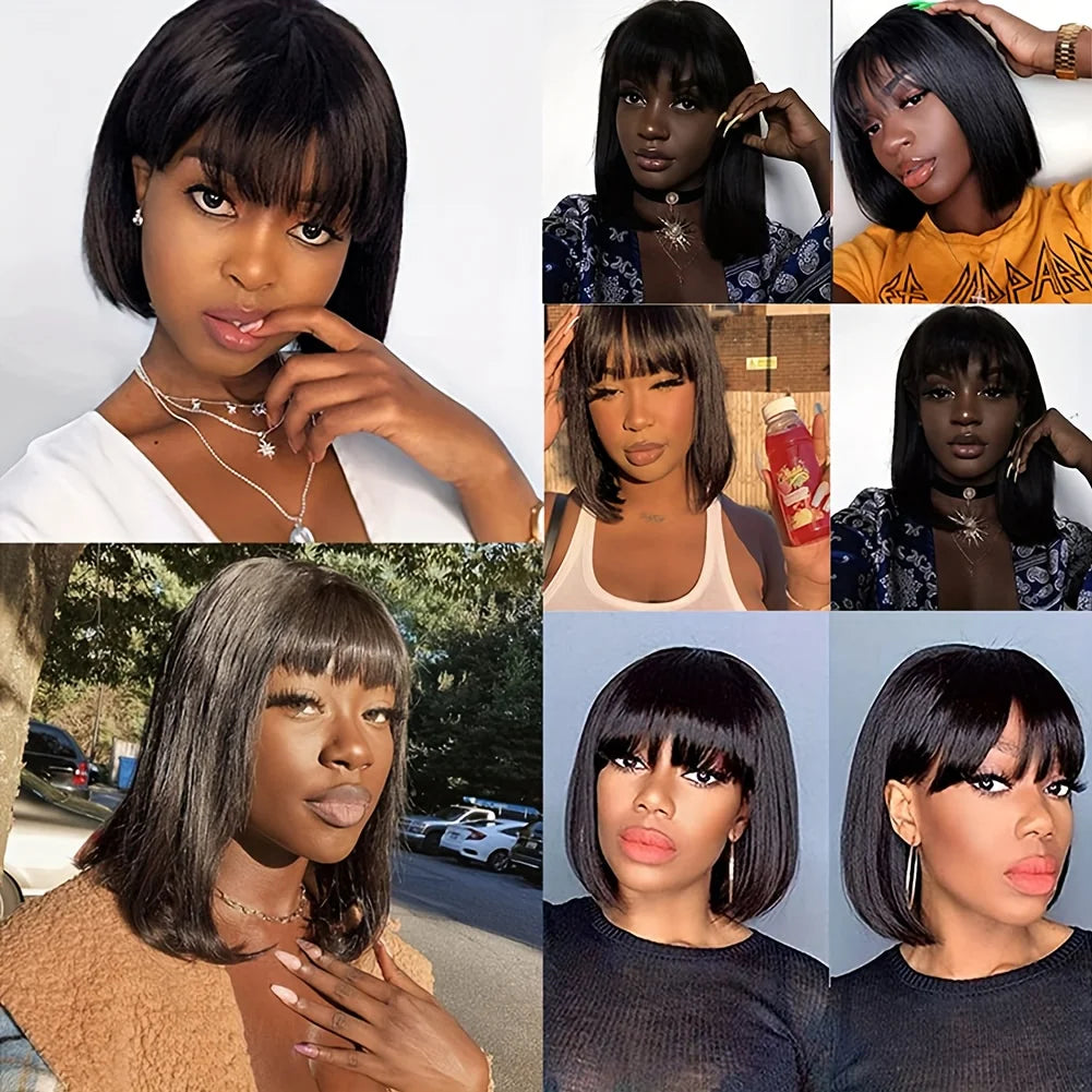 100% Human Hair Short Bob Wig with Bangs 3x1 HD Lace Wig