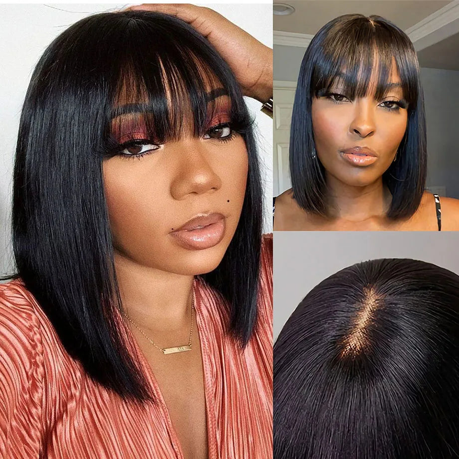 100% Human Hair Short Bob Wig with Bangs 3x1 HD Lace Wig